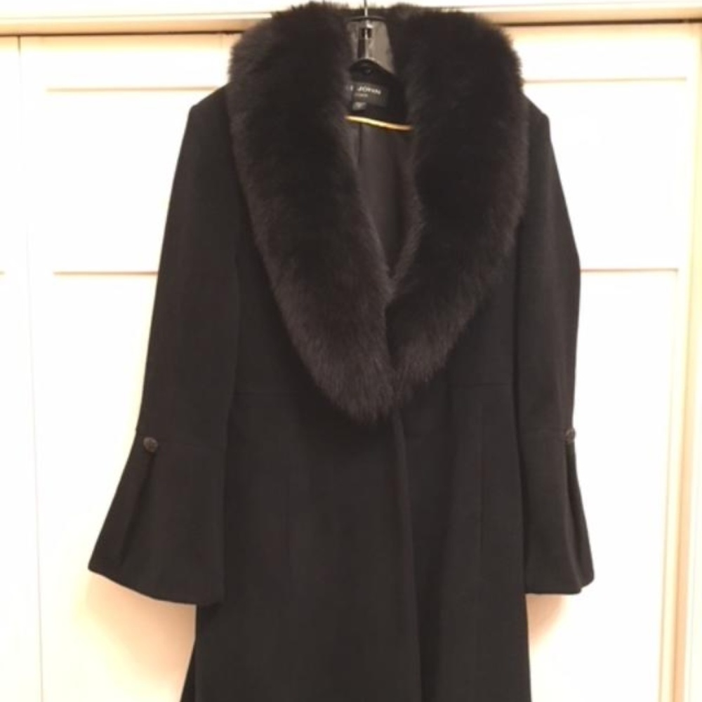 St Johns Black Angora Wool Coat w/ Fur Collar Sz10